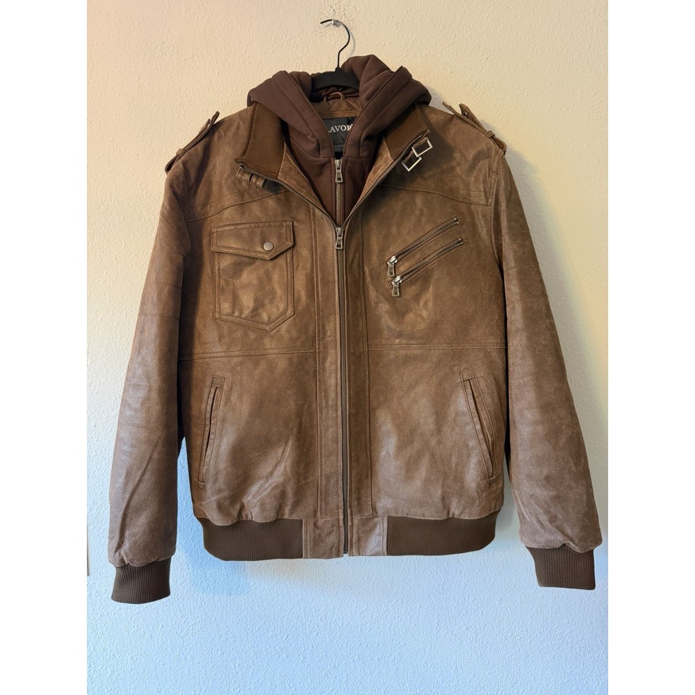 Flavor Mens Brown Leather Moto Jacket Removable Hood Pigskin XL M2016-95